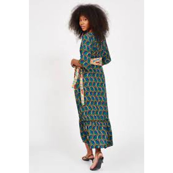 Silk & Salt Journey Maxi Wrap Dress African Peacock Print Green Blue NEW Medium - Picture 3 of 12